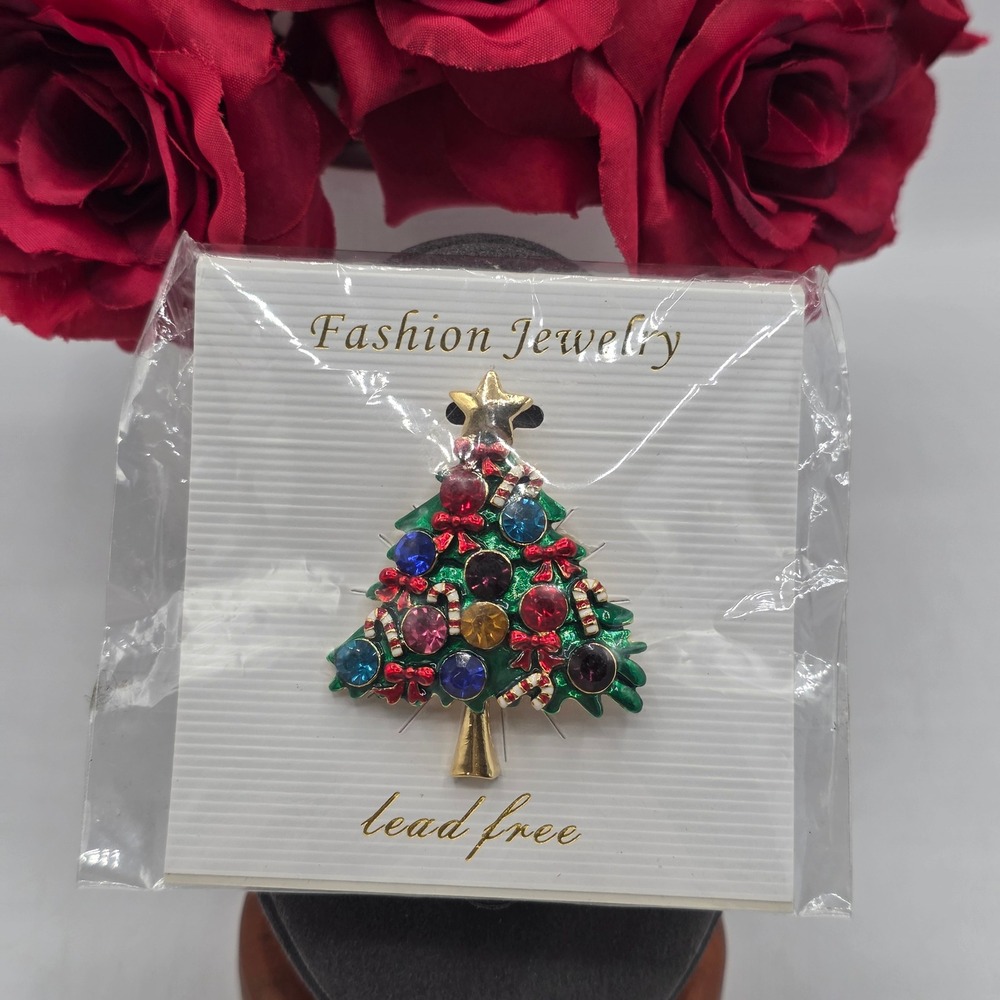 Christmas Tree Brooch Pin Green Enamel Rhinestone Candy Cane Goldtone Lead Free